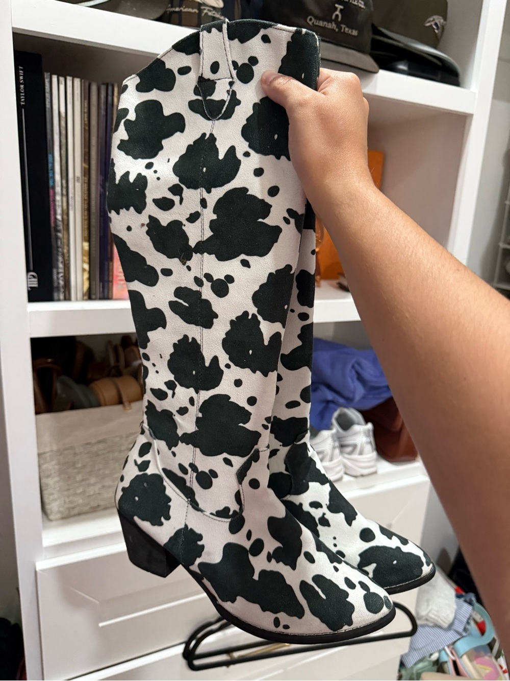 Cow Print Western Knee Boots - Black & White